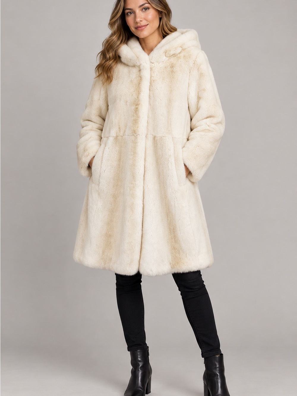 NWT BCBGMAXAZRIA Stunning Ivory Faux Fur Hooded Long Coat Women’s Size Large